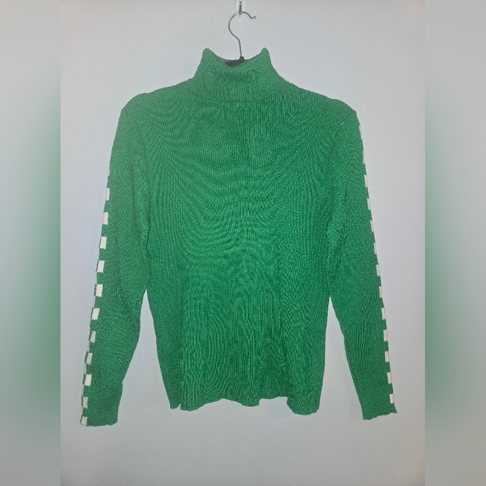 Zara Green Turtleneck Sweater with Checkered Sleeves - Picture 2 of 5